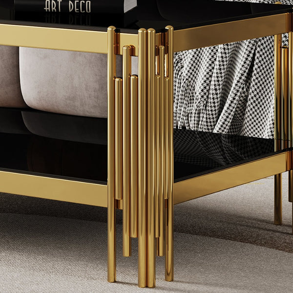 English Elm Top Tier Dual Shelf Tempered Glass Coffee Table with Mirror Polished Steel Frame Black+Gold W1311S00233