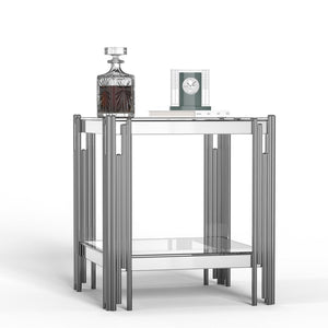 English Elm Modern Two Tier Tempered Glass End Table with Mirrored Stainless Steel Open Frame W1311P154231