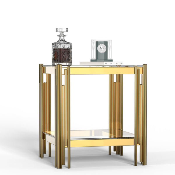 English Elm Modern Two Tier Tempered Glass End Table with Mirrored Stainless Steel Open Frame W1311P154229