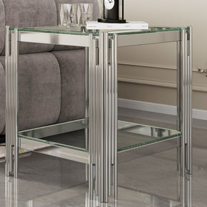 English Elm Modern Two Tier Tempered Glass End Table with Mirrored Stainless Steel Open Frame W1311P154231