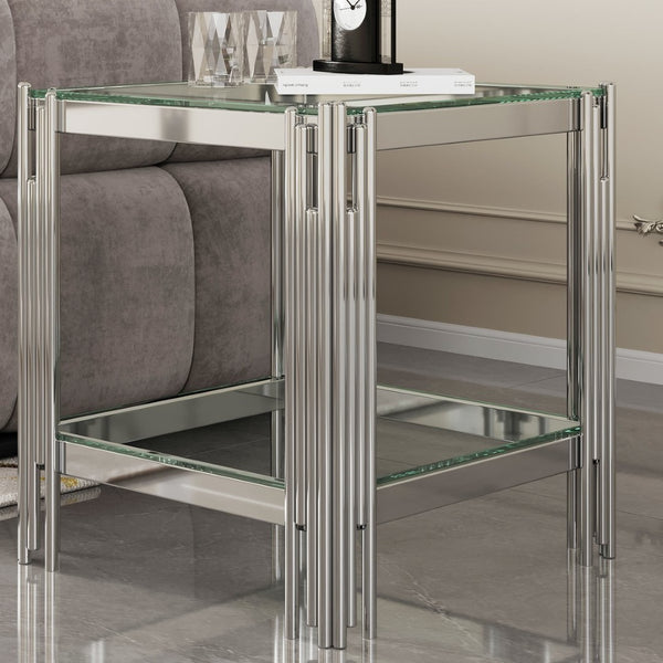 English Elm Modern Two Tier Tempered Glass End Table with Mirrored Stainless Steel Open Frame W1311P154231