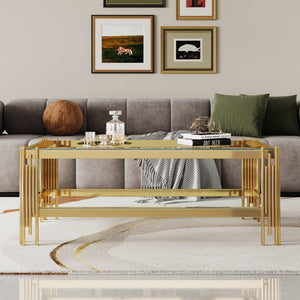 English Elm Top Tier Dual Shelf Tempered Glass Coffee Table with Mirror Polished Steel Frame Gold W1311S00234