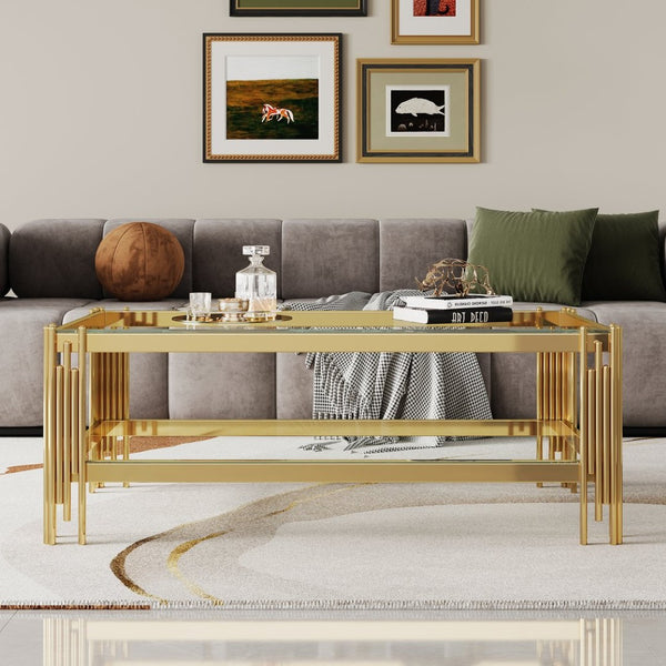 English Elm Top Tier Dual Shelf Tempered Glass Coffee Table with Mirror Polished Steel Frame Gold W1311S00234
