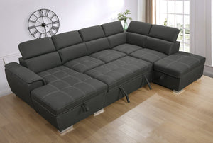 English Elm 128"Sofa U-Shaped Sectional with Pull-Out Bed, Storage Chaises, Adjustable Headrests for Comfort Grey W1417S00071