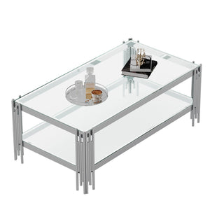 English Elm Top Tier Dual Shelf Tempered Glass Coffee Table with Mirror Polished Steel Frame W1311S00236