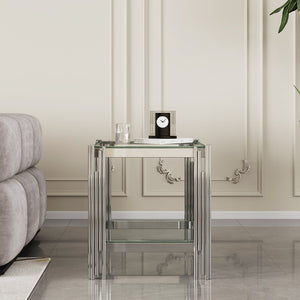 English Elm Modern Two Tier Tempered Glass End Table with Mirrored Stainless Steel Open Frame W1311P154231