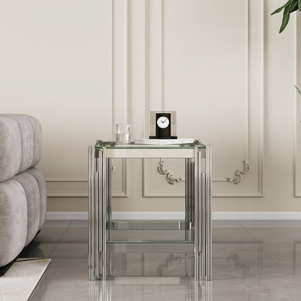 English Elm Modern Two Tier Tempered Glass End Table with Mirrored Stainless Steel Open Frame W1311P154231