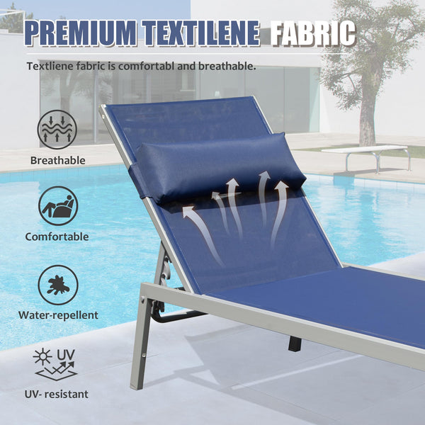 English Elm Patio Aluminum Chaise Lounge Set of 3 with Side Table — All-Weather Textilene Recliners, 5-Position Adjustable, Rust-Resistant Frame Navy Blue W1859P172252