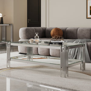 English Elm Top Tier Dual Shelf Tempered Glass Coffee Table with Mirror Polished Steel Frame W1311S00236