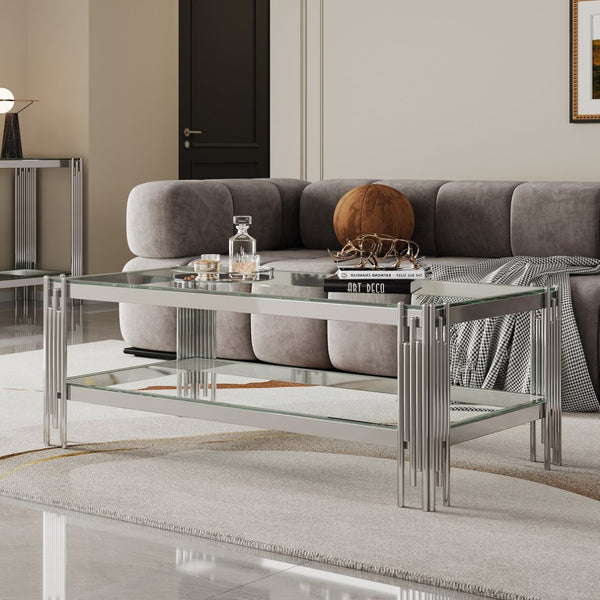 English Elm Top Tier Dual Shelf Tempered Glass Coffee Table with Mirror Polished Steel Frame W1311S00236