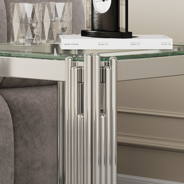 English Elm Modern Two Tier Tempered Glass End Table with Mirrored Stainless Steel Open Frame W1311P154231