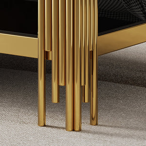 English Elm Top Tier Dual Shelf Tempered Glass Coffee Table with Mirror Polished Steel Frame Black+Gold W1311S00233