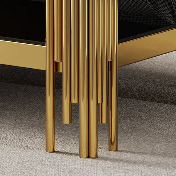 English Elm Top Tier Dual Shelf Tempered Glass Coffee Table with Mirror Polished Steel Frame Black+Gold W1311S00233