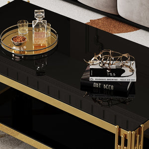 English Elm Top Tier Dual Shelf Tempered Glass Coffee Table with Mirror Polished Steel Frame Black+Gold W1311S00233
