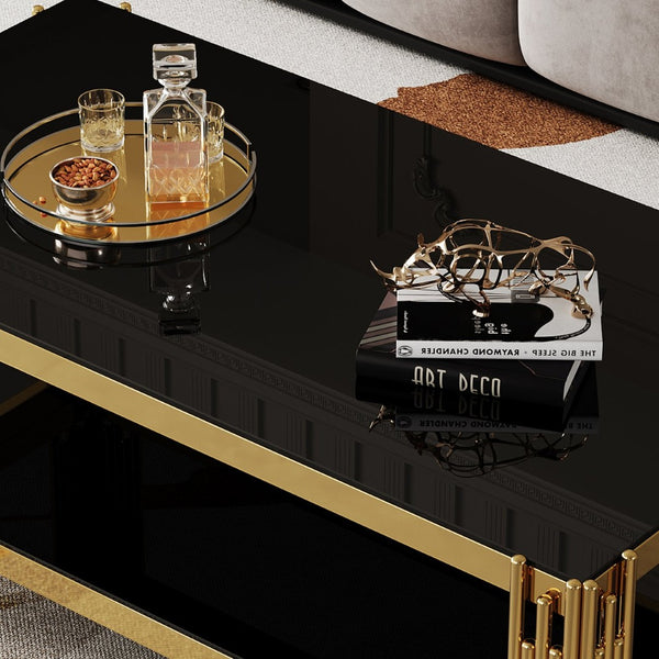 English Elm Top Tier Dual Shelf Tempered Glass Coffee Table with Mirror Polished Steel Frame Black+Gold W1311S00233