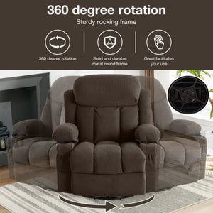 English Elm Swinging Velvet Recliner Chair with Massage Heat Usb Port and 360 Swivel Lounge Seat Brown W1807P298214