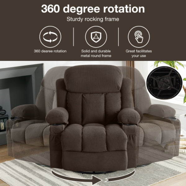 English Elm Swinging Velvet Recliner Chair with Massage Heat Usb Port and 360 Swivel Lounge Seat Brown W1807P298214