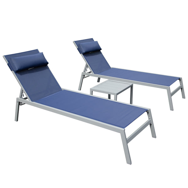 English Elm Patio Aluminum Chaise Lounge Set of 3 with Side Table — All-Weather Textilene Recliners, 5-Position Adjustable, Rust-Resistant Frame Navy Blue W1859P172252