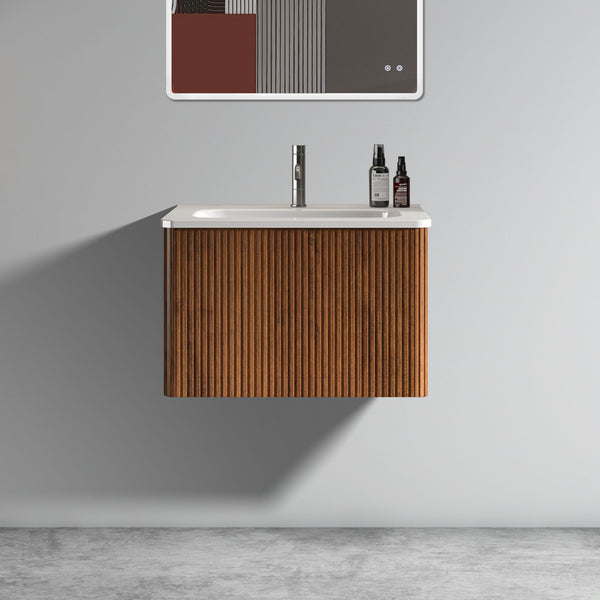 English Elm U046-Etna24W-305 Striped Walnut Floating Vanity with Glossy White Integrated Sink, Push-Open Drawer, Curved Edges W1865128395