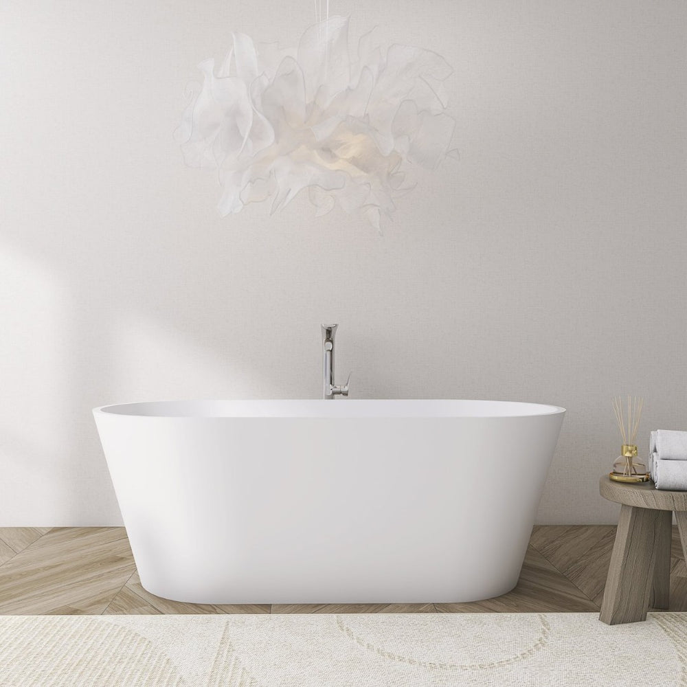 English Elm 63 Inch Stone Resin Freestanding Soaking Tub Matte White Sculptural Bathroom W1613P172456