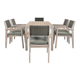 English Elm Outdoor Dining Set Patio Dining Table and Chairs With Rattan Backrest and Removable Cushions For Patio and Backyard, White Washed