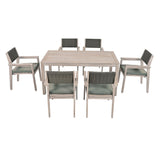 English Elm Outdoor Dining Set Patio Dining Table and Chairs With Rattan Backrest and Removable Cushions For Patio and Backyard, White Washed