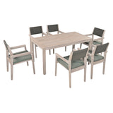 English Elm Outdoor Dining Set Patio Dining Table and Chairs With Rattan Backrest and Removable Cushions For Patio and Backyard, White Washed