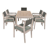 English Elm Outdoor Dining Set Patio Dining Table and Chairs With Rattan Backrest and Removable Cushions For Patio and Backyard, White Washed