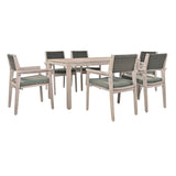 English Elm Outdoor Dining Set Patio Dining Table and Chairs With Rattan Backrest and Removable Cushions For Patio and Backyard, White Washed