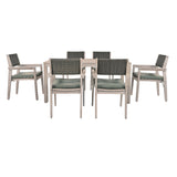 English Elm Outdoor Dining Set Patio Dining Table and Chairs With Rattan Backrest and Removable Cushions For Patio and Backyard, White Washed