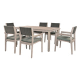 English Elm Outdoor Dining Set Patio Dining Table and Chairs With Rattan Backrest and Removable Cushions For Patio and Backyard, White Washed