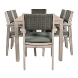 English Elm Outdoor Dining Set Patio Dining Table and Chairs With Rattan Backrest and Removable Cushions For Patio and Backyard, White Washed