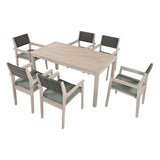 English Elm Outdoor Dining Set Patio Dining Table and Chairs With Rattan Backrest and Removable Cushions For Patio and Backyard, White Washed