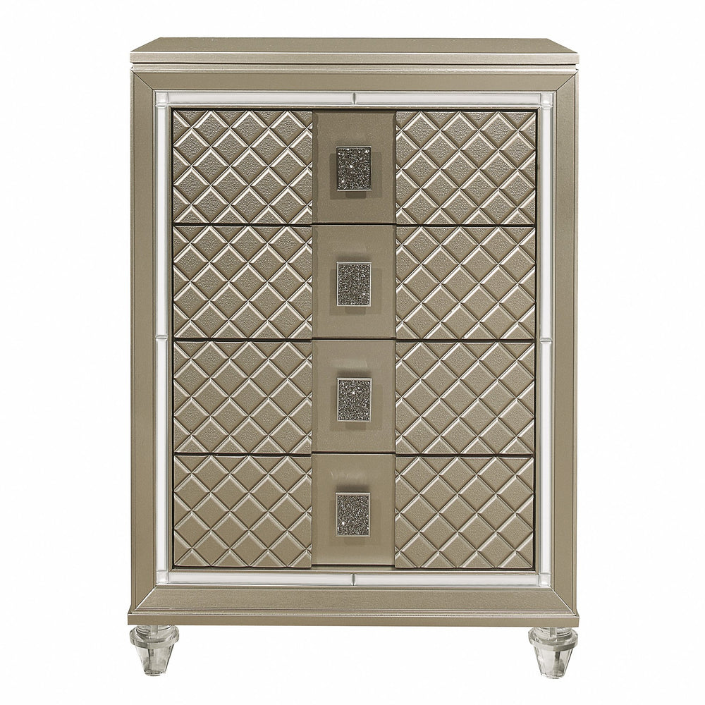 English Elm Glamorous Champagne 4-Drawer Chest with Mirrored Trim, Diamond Emboss, Acrylic Feet & Black Pulls B011P172674