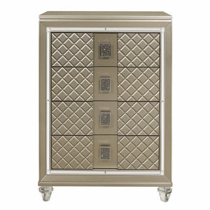 English Elm Glamorous Champagne 4-Drawer Chest with Mirrored Trim, Diamond Emboss, Acrylic Feet & Black Pulls B011P172674