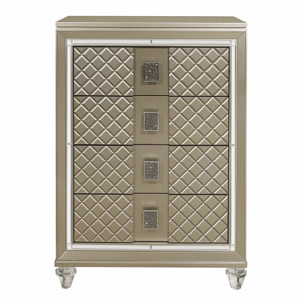 English Elm Glamorous Champagne 4-Drawer Chest with Mirrored Trim, Diamond Emboss, Acrylic Feet & Black Pulls B011P172674