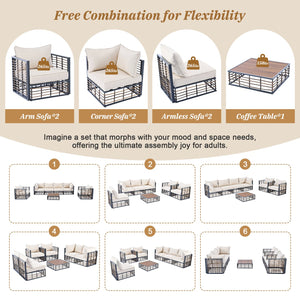 English Elm TOPMAX Modern Minimalist 7-Piece Metal Patio Sectional Sofa Set with All-Weather Rattan, Cushions and Coffee Table for Versatile Indoor Outdoor Entertaining DARK GREY SP100026AAE