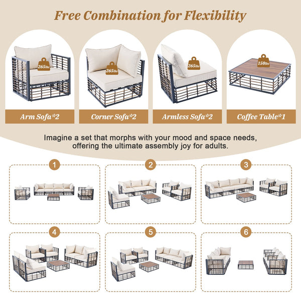English Elm TOPMAX Modern Minimalist 7-Piece Metal Patio Sectional Sofa Set with All-Weather Rattan, Cushions and Coffee Table for Versatile Indoor Outdoor Entertaining DARK GREY SP100026AAE