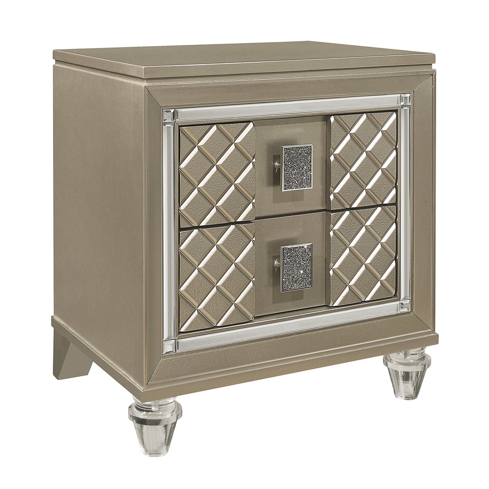 English Elm Glamorous Champagne Finish Nightstand with Mirrored Trim, Acrylic Feet & Crystal Pulls — Luxe Bedroom Accent B011P172671