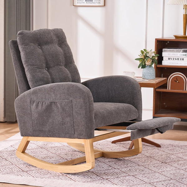 English Elm LY-5104 High Back Gray Accent Rocking Chair with Footrest, Foam+Spring Comfort, Rubber Wood Legs, Cozy Support for Living Room Nursery (38.36W x 39.76H) W2231P167565