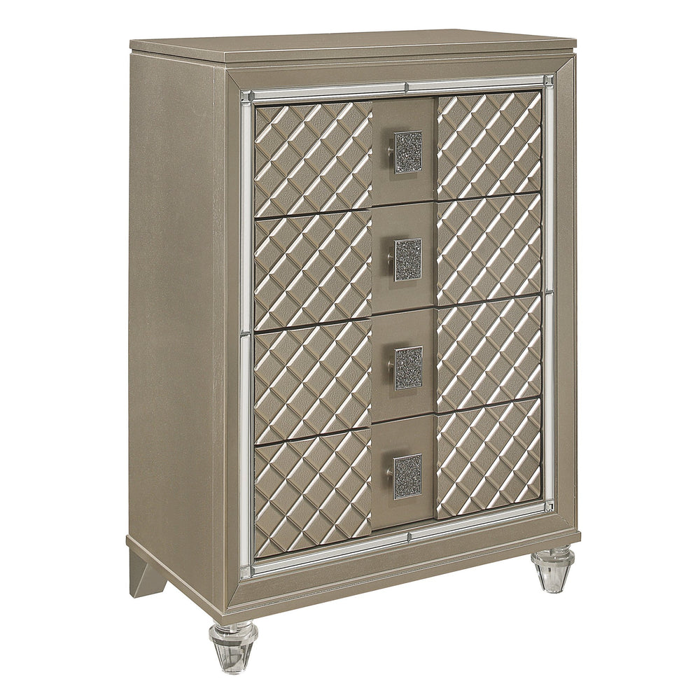 English Elm Glamorous Champagne 4-Drawer Chest with Mirrored Trim, Diamond Emboss, Acrylic Feet & Black Pulls B011P172674