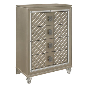 English Elm Glamorous Champagne 4-Drawer Chest with Mirrored Trim, Diamond Emboss, Acrylic Feet & Black Pulls B011P172674