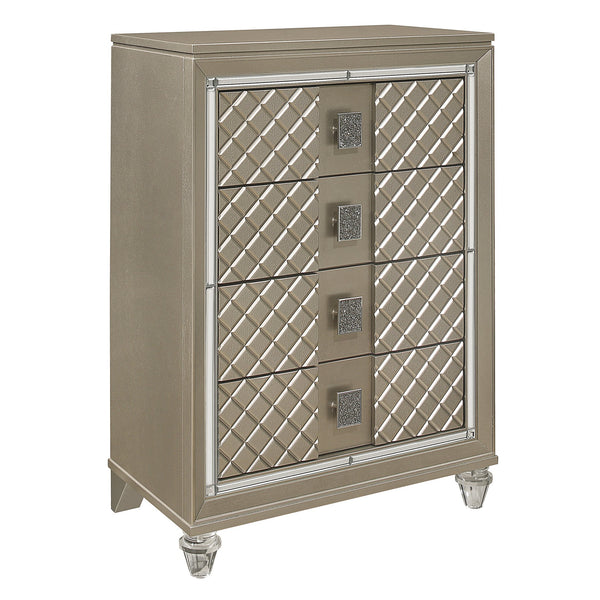 English Elm Glamorous Champagne 4-Drawer Chest with Mirrored Trim, Diamond Emboss, Acrylic Feet & Black Pulls B011P172674