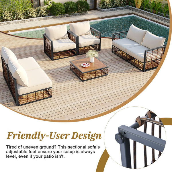 English Elm TOPMAX Modern Minimalist 7-Piece Metal Patio Sectional Sofa Set with All-Weather Rattan, Cushions and Coffee Table for Versatile Indoor Outdoor Entertaining DARK GREY SP100026AAE
