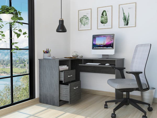 English Elm Raleigh L-Shaped Desk with Keyboard Tray, Two Drawers, Open Shelf & CPU Storage for Home Office Gray 51 L x 21 W x 6 H B128P148968
