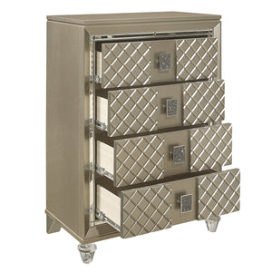 English Elm Glamorous Champagne 4-Drawer Chest with Mirrored Trim, Diamond Emboss, Acrylic Feet & Black Pulls B011P172674