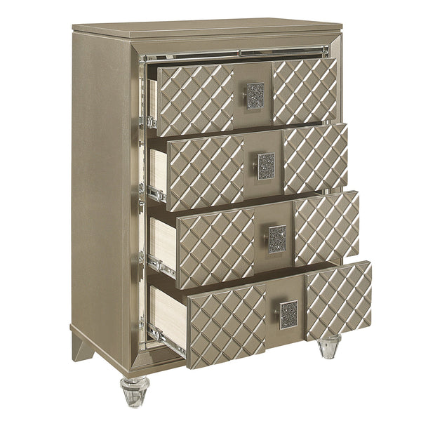 English Elm Glamorous Champagne 4-Drawer Chest with Mirrored Trim, Diamond Emboss, Acrylic Feet & Black Pulls B011P172674