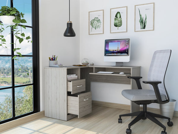 English Elm Raleigh L-Shaped Corner Desk with 2 Drawers, Keyboard Tray, CPU Shelf & Sturdy Thick Panels — Modern Home Office B128P148967