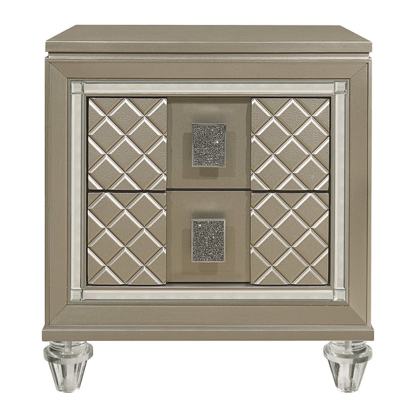 English Elm Glamorous Champagne Finish Nightstand with Mirrored Trim, Acrylic Feet & Crystal Pulls — Luxe Bedroom Accent B011P172671