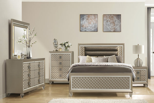 English Elm Glamorous Champagne Finish Nightstand with Mirrored Trim, Acrylic Feet & Crystal Pulls — Luxe Bedroom Accent B011P172671